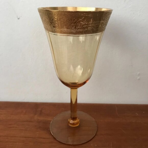 Antique Amber Tiffin-Franciscan Fluted Gold Rim Band Cordial Wine Glass 7-inch - Picture 1 of 6
